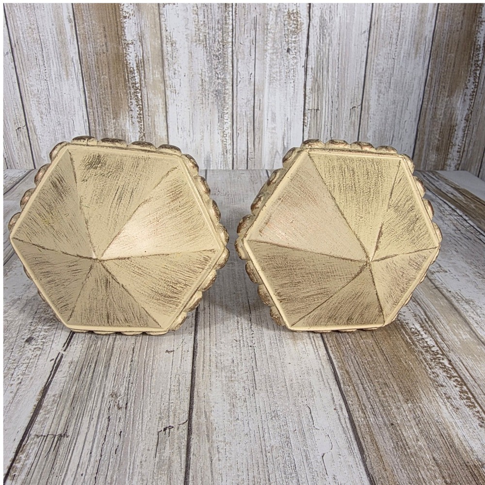 Set of 2 Hexagonal Beaded Curtain Rod Finials Cream Gold Distressed Shabby Chic